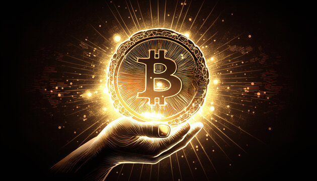 Golden bitcoin coin in hand, holding shining crypto