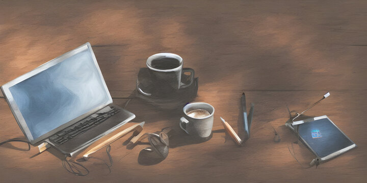 AI generated image, Lap top, ipad, tea cup with tea, cofee cup with cofee old style 