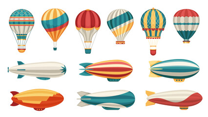 Cartoon airship. Dirigible hot air balloon transport with cabin and basket, old aerial transportation, colorful aircraft aviation technology icons. Vector set