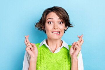 Photo of adorable worried nervous lady wear stylish clothes crossed fingers passing exam waiting...