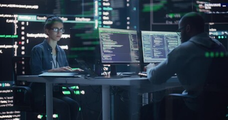 Diverse Young Man and Woman Working on Desktop Computers, Surrounded by Big Screens Displaying Code Lines. Professional Computer Engineers Developping Autonomous Algorithm for Generative AI - Powered by Adobe