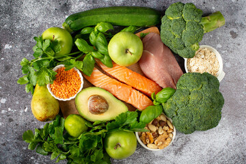 A variety of organic products, meat, fish, vegetables. Balanced diet. The keto diet.