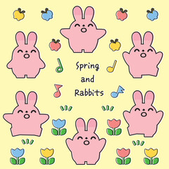 春の素材とうさぎのセット_線画