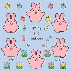 春の素材とうさぎのセット_線画