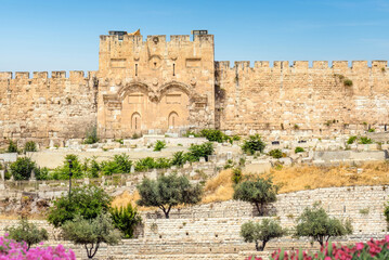 Fototapeta premium Jerusalem, Israel; March 8, 2023 - Golden Gate on the east wall of the Temple Mount dates back to 1541 AD and is the oldest of the eight gates of Jerusalem today.