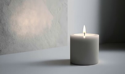 Fototapeta na wymiar a white candle sitting in front of a wall with a shadow on it. generative ai