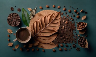  a cup of coffee surrounded by nuts and leaves on a blue surface.  generative ai