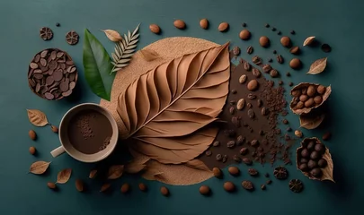 Foto op Plexiglas  a cup of coffee surrounded by nuts and leaves on a blue surface.  generative ai © Anna
