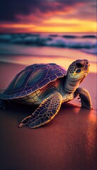 Fototapeta na wymiar Beautiful sea turtle on the beach in sunset, made with generated ai