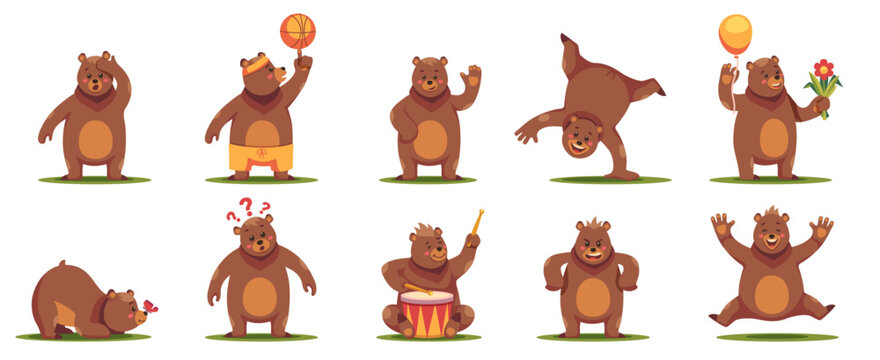 Funny bear character. Cute cartoon teddy mascots, comic fluffy zoo animals in different poses and situations, adorable furry grizzly. Vector flat set
