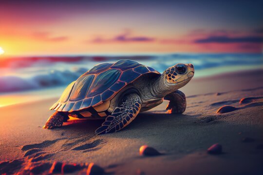 Beautiful sea turtle on the beach in sunset, made with generated ai