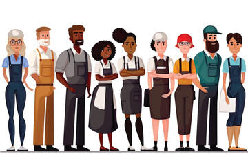 Vector illustration of diverse cartoon men and women in office attire of various races, ages, and body types. Isolated on white background. , flat design