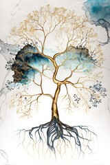 Tree with branches and roots of watercolour and alcohol ink, made with generated ai