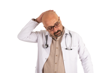 Physician having headache, transparent png image of physician having headache. Caucasian millennial doctor holding his head. Wearing uniform with stethoscope. Isolated white background. Copy space.
