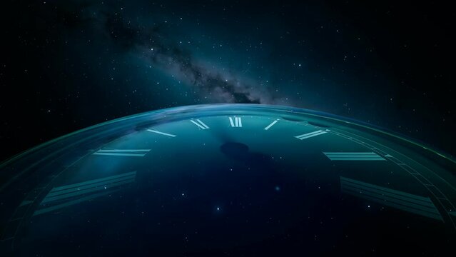 Giant clock measuring the passage of time in a vast, dark empty cosmos space. 4K