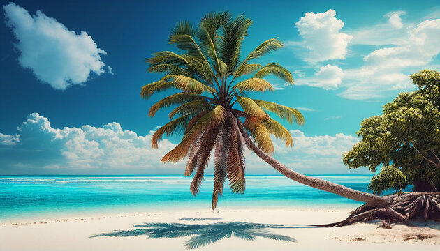 Realistic beautiful palm tree on tropical island beach background, Generative AI