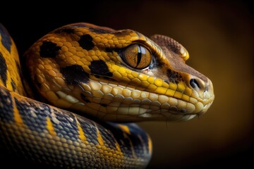 Yellow anaconda closeup in the sunset, made with generated ai