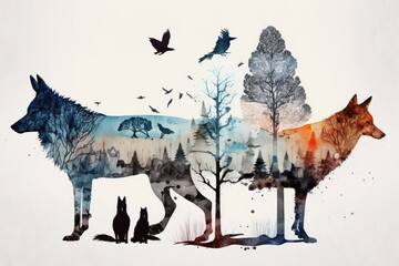 Animals and trees. Ink and watercolor double exposure on white. Generative AI