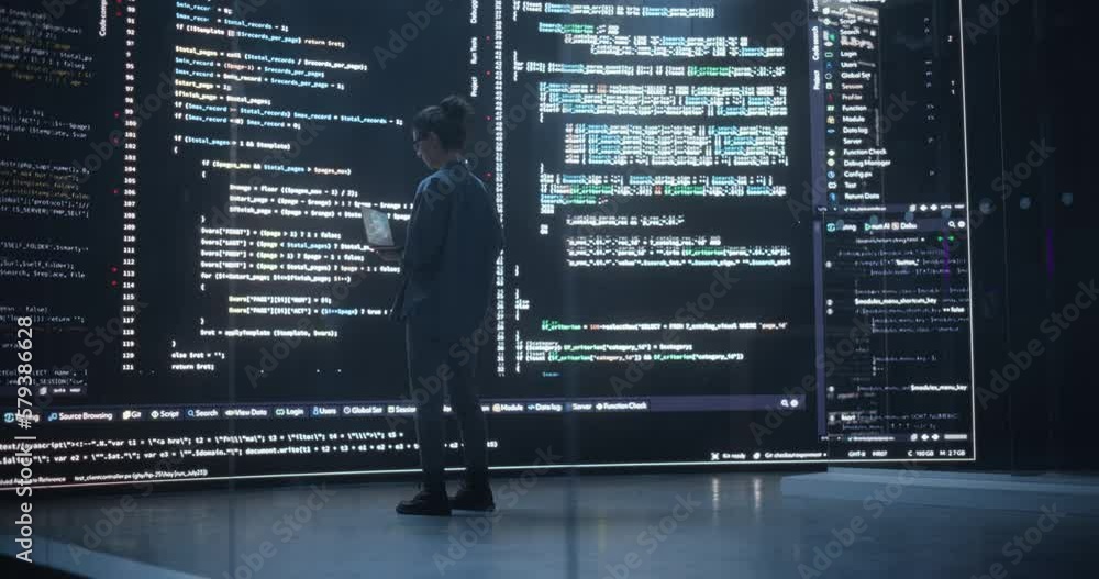 Fototapete Back View Shot of Female Programmer Working in a Monitoring Control Room, Surrounded by Big Screens Displaying Lines of Programming Language Code. Portrait of Woman Creating a Software and Coding
