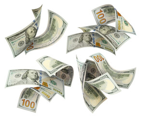 Set of flying 100 dollars banknotes, cut out