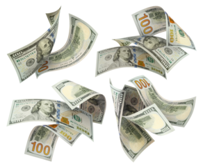 Set of flying 100 dollars banknotes, cut out