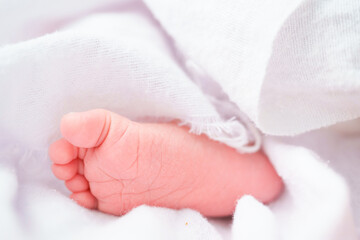 Obraz na płótnie Canvas Portrait of a newborn Asian baby girl sleep on the bed , cute Fat baby 5 day.