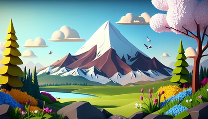 Cartoon style spring landscape with mountain blue sky and clouds, Generative AI