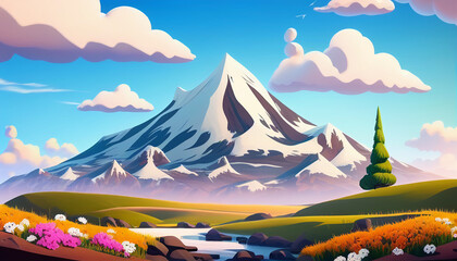 Cartoon style spring landscape with mountain blue sky and clouds, Generative AI