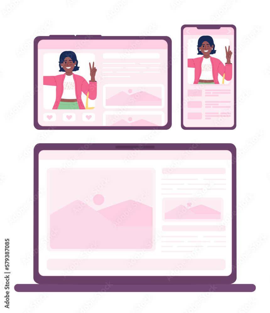 Poster multiplatform software semi flat color vector device screens set. editable icons. full sized element