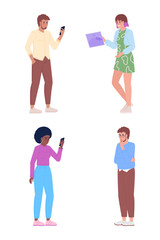 Fototapeta premium Mobile phone users and managers semi flat color vector characters set. Editable figures. Full body people on white. Simple cartoon style spot illustration pack for web graphic design and animation