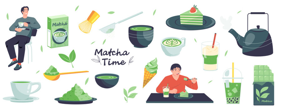 People with matcha. Cartoon characters with green tea, using matcha powder for desserts, traditional asian organic leaves for healthy sweets. Vector set