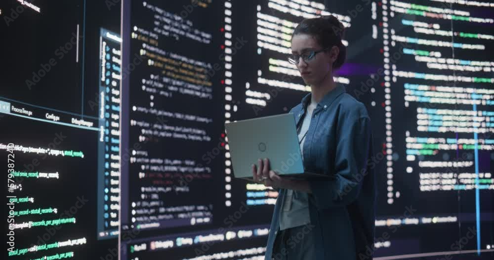 Aufkleber Female Developer Thinking and Typing on Computer, Surrounded by Big Screens Showing Coding Language. Professional Programmer Creating Software, Running Coding Tests. Futuristic Concept of Programming