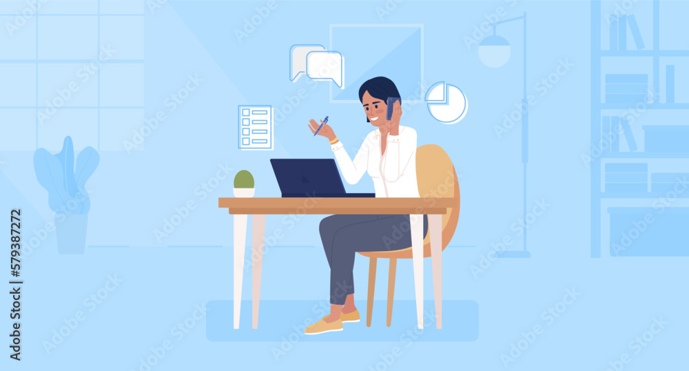 Poster phone sales rep flat color vector illustration. salesperson making calls to customers. cellphone sal