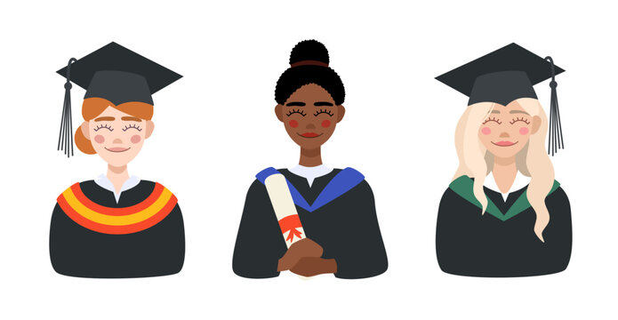 Portraits of female students in graduation gowns and caps. A student with a diploma in her hands. Illustration in flat style 
