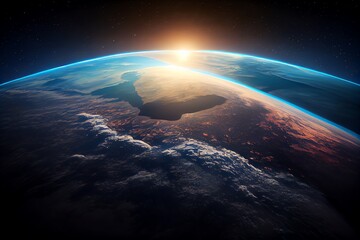 Fototapeta na wymiar Curvature of planet Earth. Aerial view of blue planet from space. Sunrise over globe land and ocean. Generative AI