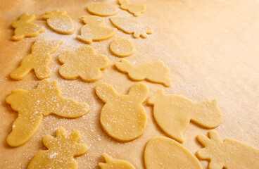 Raw Easter cookies on baking paper close-up