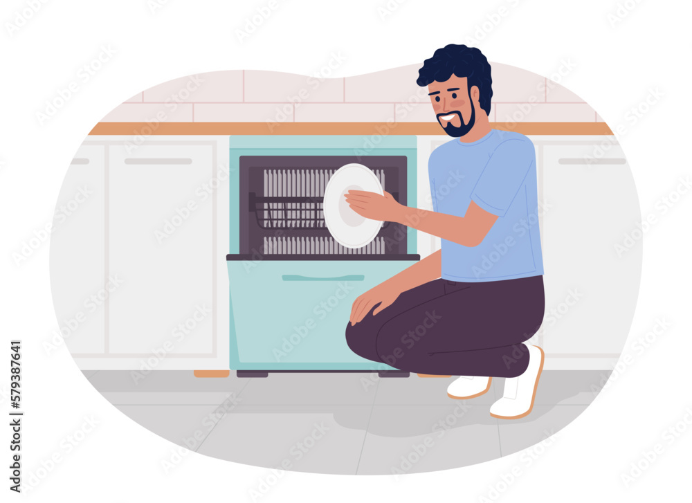 Poster using energy efficient dishwasher 2d vector isolated spot illustration. saving utility bills. flat c