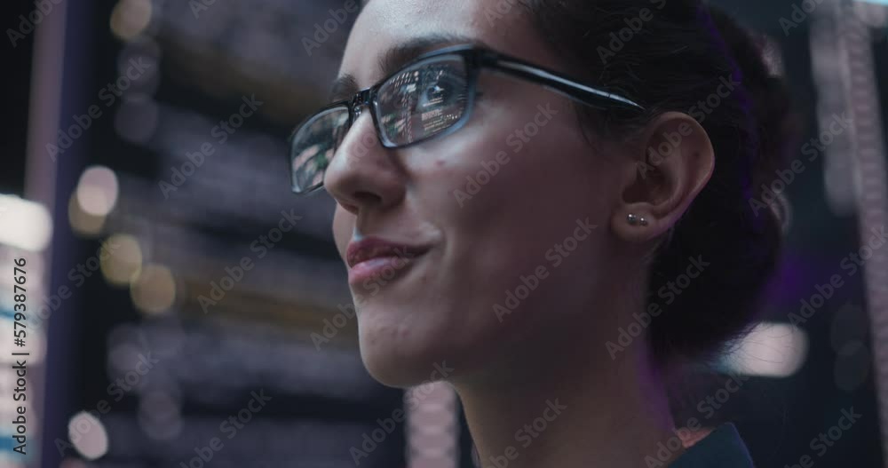 Poster Close Up Portrait of Smiling Woman Looking Around, Lines of Code Language Reflected on her Glasses from Big Display Screens Surrounding her. Professional Female Programmer Developing Software, Coding