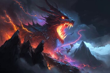 The dragon rises atop the mountain with a mighty roar, sending a stream of lightning into the sky and causing a horrific tempest that turns the ground to lava and the rocks to ash. Generative AI