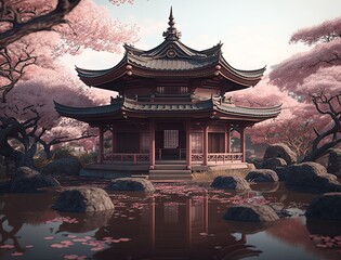 Japanese temple in the morning  generative ai