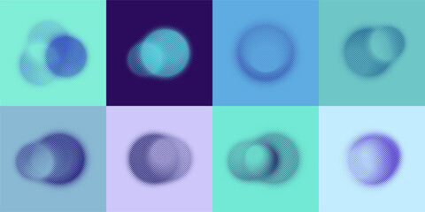 Vector set of abstract blurred halftone circles. Gradient spot with blur on background of different colors. Screen print raster. Pop art. Isolated template with dots