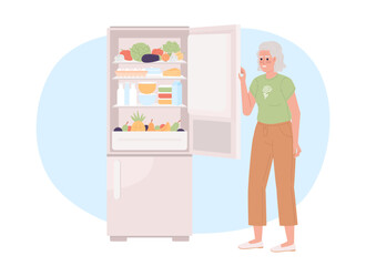 Keeping fridge full to use less energy 2D vector isolated spot illustration. Old lady with kitchen appliance flat character on cartoon background. Colorful editable scene for mobile, website, magazine