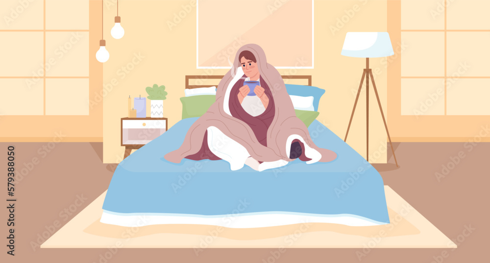 Poster using more blankets for getting warm in cold weather flat color vector illustration. save energy. he