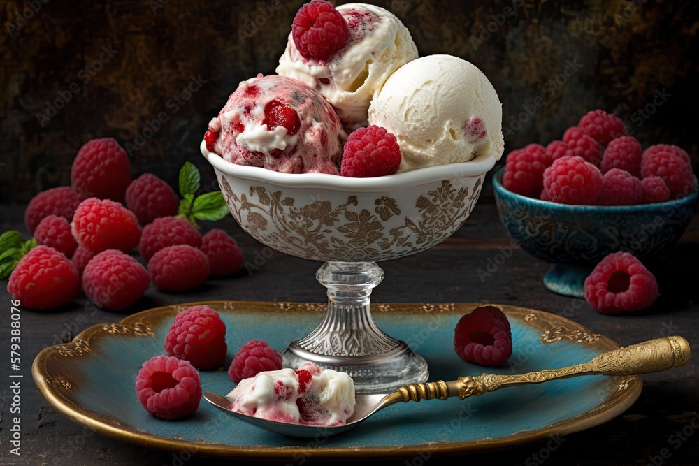 Poster raspberries and ice cream created from scratch with fresh raspberries. what to eat in the summer. ge