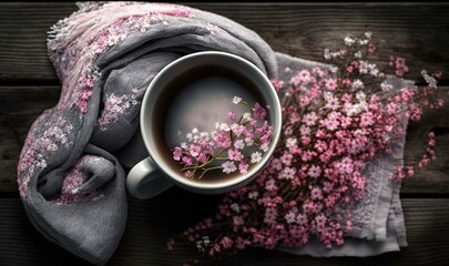 Fototapeta na wymiar a cup of tea with pink flowers on a gray napkin. generative ai