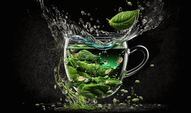  a glass of green tea with leaves and water splashing out of it.  generative ai