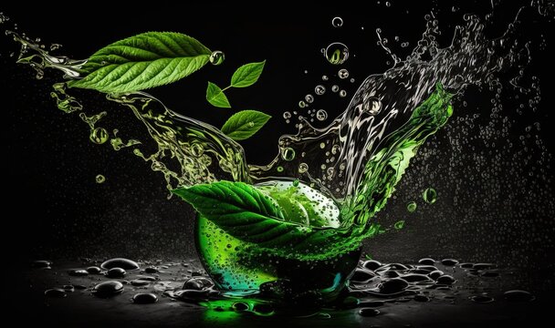  a glass filled with water and a green leaf splashing out of it.  generative ai