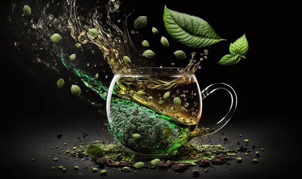  a glass cup filled with green tea with leaves coming out of it.  generative ai