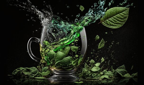  a glass pitcher filled with green leaves and water splashing out of it.  generative ai