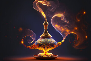 Aladdin's mysterious lamp with glowing smoke, at the time of the appearance of the genie. Generative AI illustration - obrazy, fototapety, plakaty